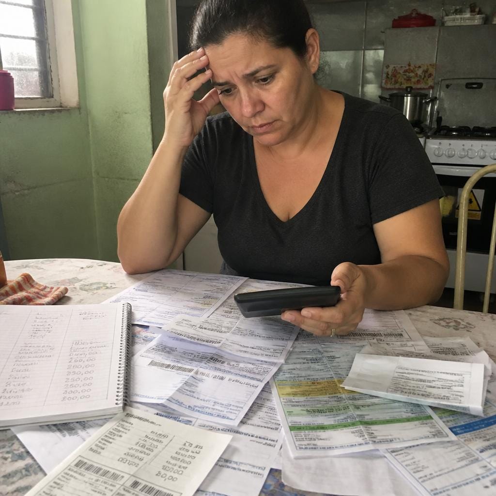 Mujer preocupada mirando sus cuentas sin dinero suficiente